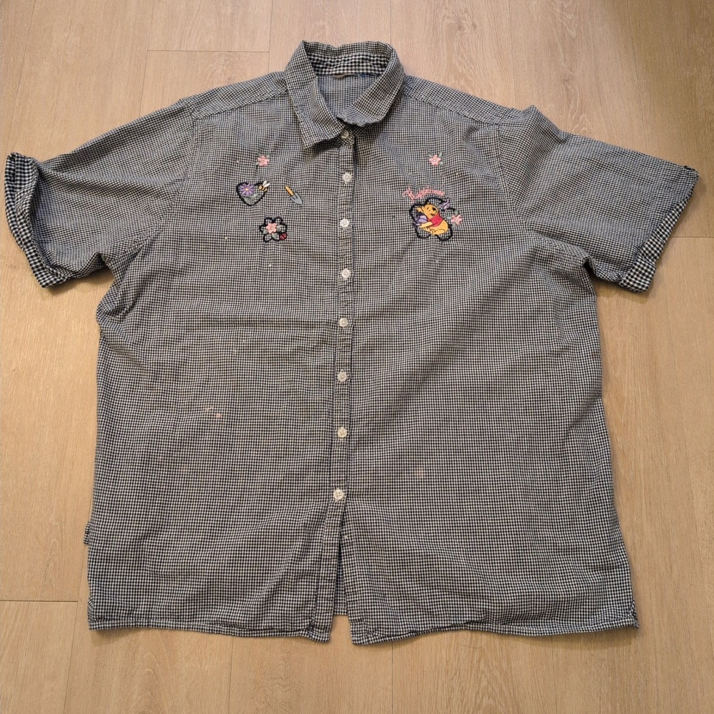 VTG Disney Winnie the Pooh Adult XL Gingham Button Up Shirt Embroidered Fairy